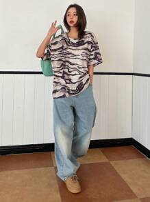 DAZY Damen lässiges, weites Batik-Zebradruck Kurzarm T-Shirt in Oversized Form, Grafik Shirts - Braun - Übersicht 7