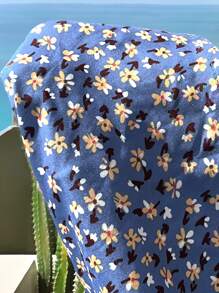 SHEIN EZwear Plus Size Blue Ditsy Floral Print Backless Sundress For Summer - Blue - View 4