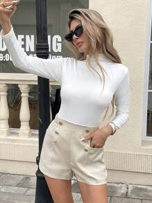 SHEIN Frenchy Plus Size Women Button Decor Casual Fashion Khaki Shorts - Khaki - View 3