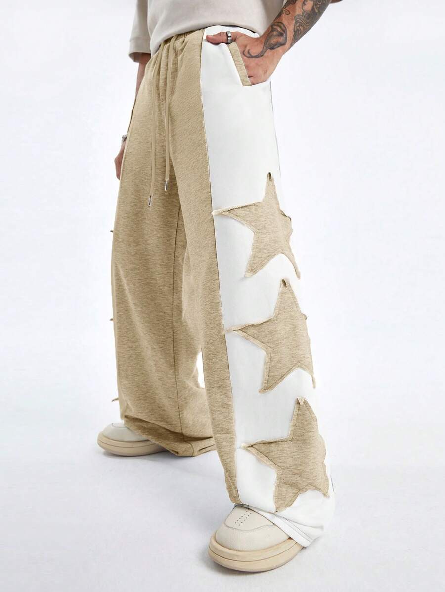 AXEPEAK 男式宽松阔腿长款运动裤，带双星补丁