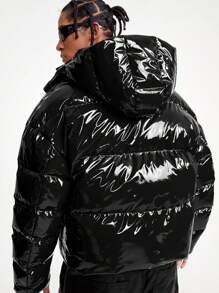 AXEPEAK Men's Solid Color Shiny Front Zip Closure Hooded Winter Jacket - Black - View 2