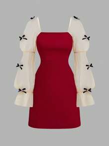 SHEIN Girlism Tween 女童时尚简约可爱泡泡袖蝴蝶结装饰休闲紧身连衣裙