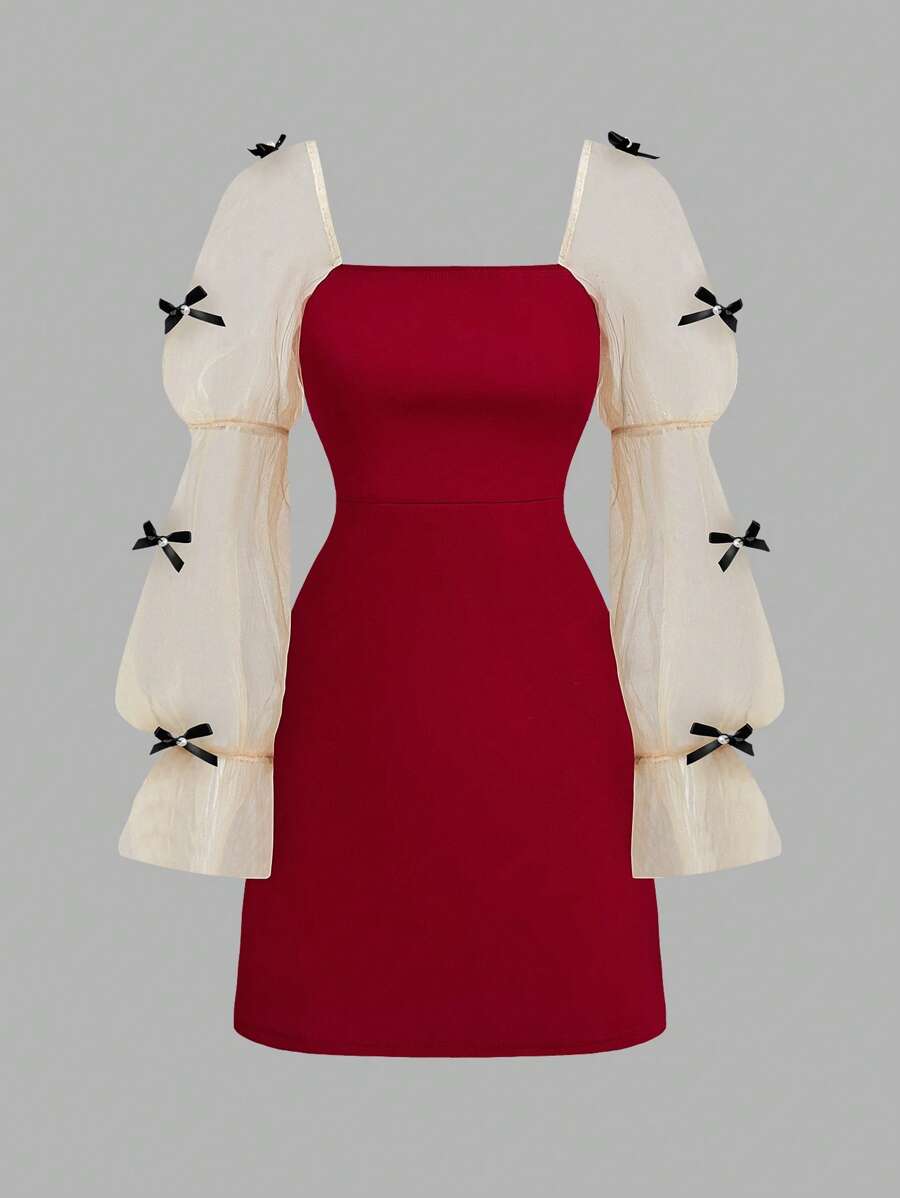 SHEIN Girlism Tween 女童时尚简约可爱泡泡袖蝴蝶结装饰休闲紧身连衣裙