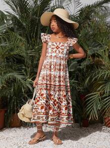 SHEIN Tween Girl Casual Chiffon Square Collar Cap Sleeve Ditsy Floral Dress