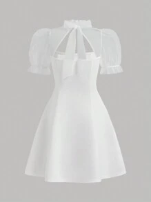 SHEIN Leap Crew Tween Girl Casual Mesh Patchwork Knit Solid Color Short Sleeve Dress - White - View 2