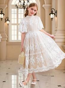 SHEIN فستان أميرة أنيق من القماش المنسوج بالتطريز والدانتيل المطرز ذو كم فلير ضيق الخصر، مناسب للزفاف والحفلات والكروم وعيد الحب وحفلات الربيع و للبنات المراهقات