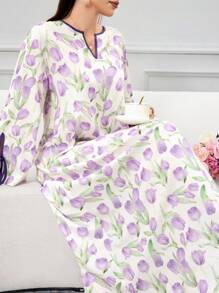 Yasmyna 女士迷你碎花土耳其和阿拉伯传统长袍，朴素的卡夫坦 - 紫色 - 查看 1