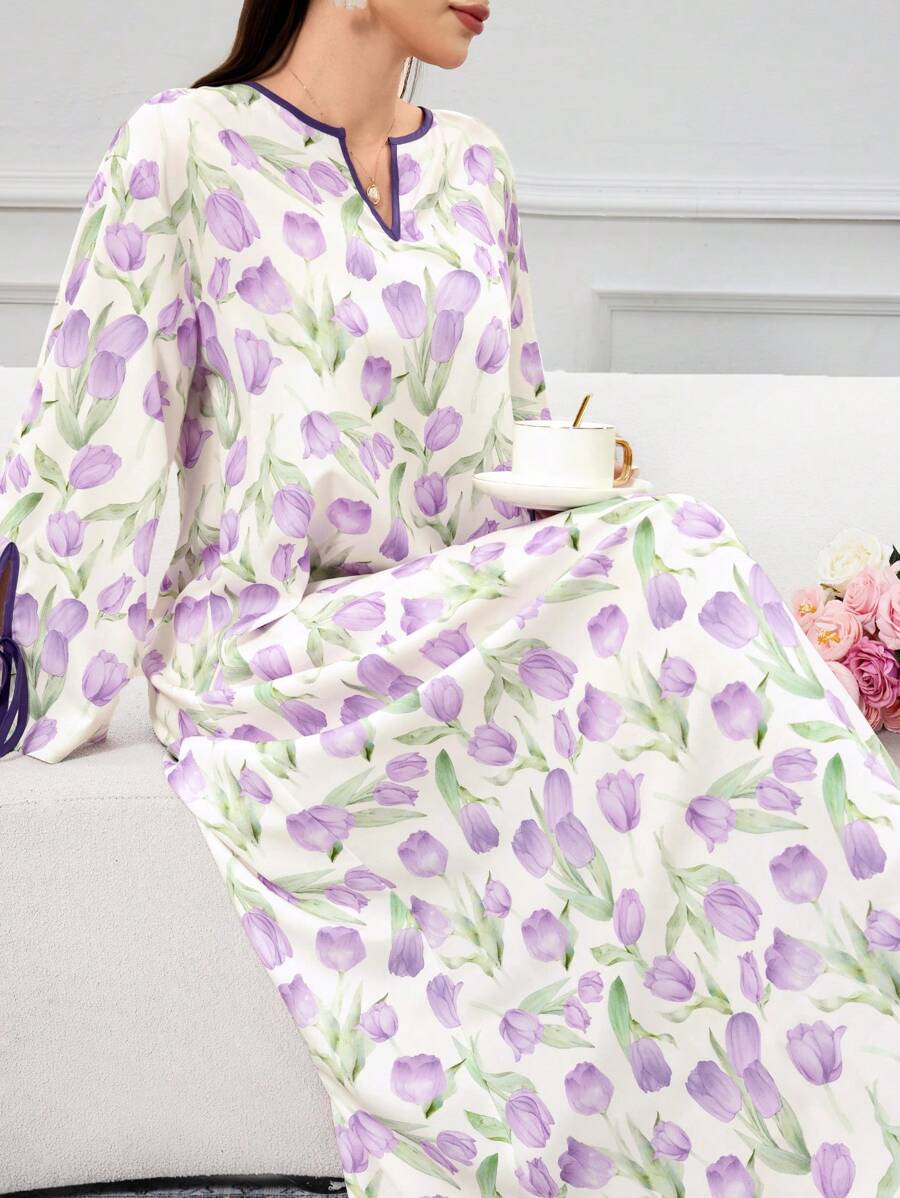 Yasmyna 女士迷你碎花土耳其和阿拉伯传统长袍，朴素的卡夫坦 - 紫色 - 查看 1