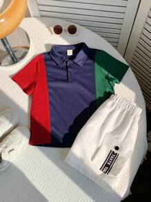 SHEIN 2 件装年轻男童休闲拼色短袖短裤套装 - 寶藍色 - 查看 8