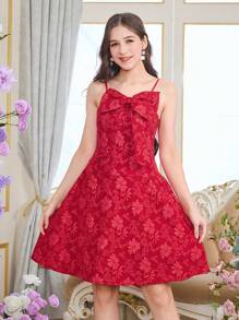 Teen Girl Sleeveless Short Dress,Red Summer Elegant Satin Party Mini Dress,Textured Fabric Fitted Silhouette,Detachable Bow Decor Waist Cinched Skirt - Red - View 5