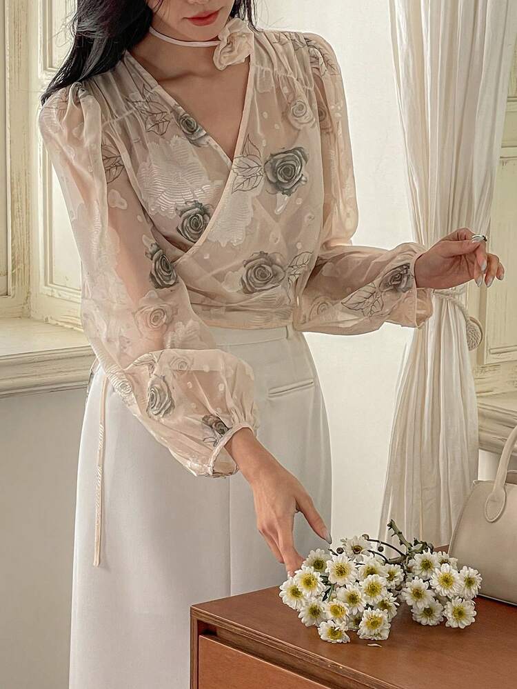 Elegant V-Neck Sexy Women's Blouse, Mature Vibe Floral Long Sleeve