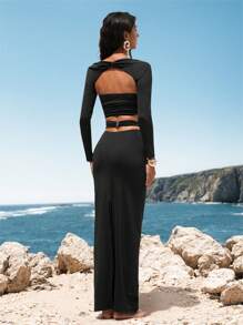 Opulessa 2pcs Women's Vacation Sexy Twist Cropped Top And Skirt Set,Vacation Outfits Woman,Sundresses For Vacation,Beach Vacation Outfits,Tropical Vacation Woman Clothes,Summer Outfits For Women,Two Pieces Set Women,Black