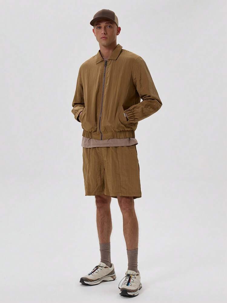 Musero 褶皱涤纶拉链轻薄翻领长袖外套，春夏必备单品 - 鏽棕色 - 查看 3