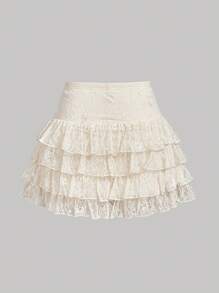 SHEIN MOD 女士杏色蕾丝荷叶边下摆迷你裙、情人节、女士度假装、女士俱乐部装性感 - 杏色 - 查看 2