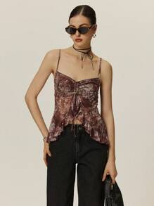 Poéselle 女士吊带背心棕色印花图案网眼吊带背心上衣抽绳荷叶边下摆不对称造型度假可爱衬衫棕色上衣女式上衣女式花卉印花抽绳前背心夏季女式夏季上衣 - 咖啡棕 - 查看 2