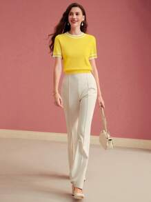 MOTF PREMIUM Áo len nữ tay ngắn màu tương phản, thời trang và đa năng cho mùa xuân/hè thu đông - Màu vàng - Xem 4