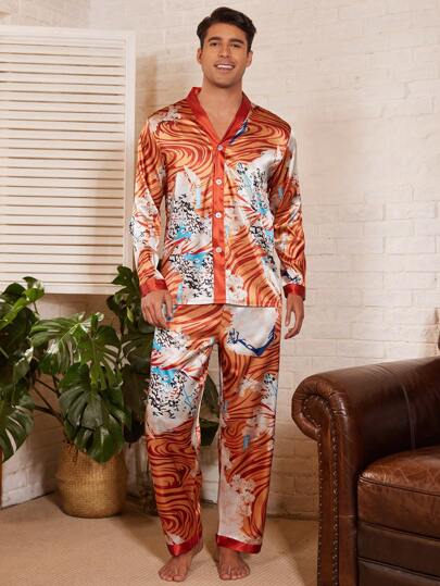 Manfinity ChillVibe 2pcs Men's Contrast Color Printed Long Sleeve Top And Pants Pajama Set