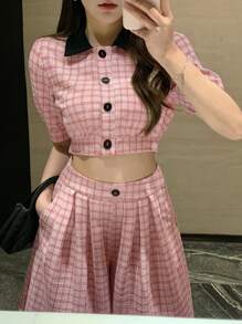 DAZY 2pcs Women Set Contrast Plaid Front Button Blouse And Long Pants Suit
