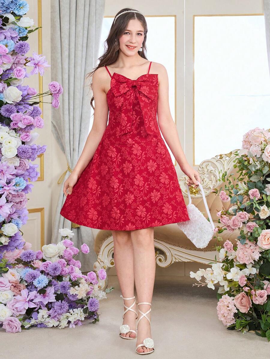 Teen Girl Sleeveless Short Dress,Red Summer Elegant Satin Party Mini Dress,Textured Fabric Fitted Silhouette,Detachable Bow Decor Waist Cinched Skirt - Red - View 1