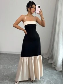 Elenzga Women Plain Color Patchwork Spaghetti Strap Simple Pleated Dress