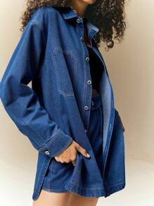 Poéselle Women Casual Letter Embroidered Denim Top & Skirt 2 Pieces Set