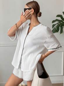 Serisse 2 件女式简约撞色刺绣饰边短袖翻领纽扣上衣和短裤套装，春夏季，宽松休闲衬衫式翻领纽扣衬衫和橡胶腰短裤套装，棉质双绉面料，拼色饰边，简约宽松假日两件套，棉质两件套日常穿着 - 白色 - 查看 5