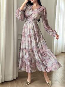 DAZY 女士长款休闲连衣裙，简约时尚，适合日常穿着，花卉图案，秋季长袖连衣裙，度假装扮 - 淺灰紫 - 查看 5