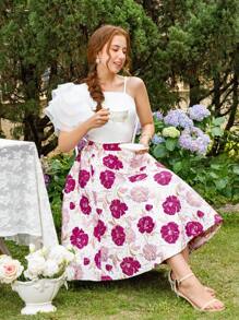 SHEIN Teenage Girls Ruffle Strap Knit Camisole Top And Elegant Floral Jacquard Skirt Set, Spring/Summer - Pink - View 6