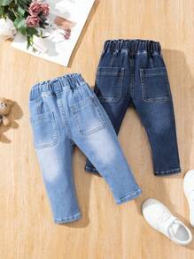 2pcs Baby Girls Light Blue & Navy Casual Elastic Waist Washed Denim Pants Set - Multicolor - View 2