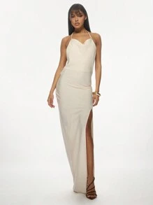 MISSGUIDED Vestido de noche elegante de satén con cuello halter, vestido formal largo con abertura lateral para invitados de boda, fiesta, baile y ocasiones especiales, escote tipo corazón, ajustado al Body - Beis - Ver 4