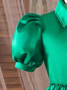 1pc Tween Girls Green Satin Puffy Sleeve Collared Blouse And Voluminous Puff Princess Dress, Spring/Summer - Green - View 5