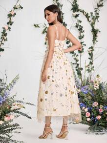 Coutiva 女士亮片花卉网眼吊带优雅舞会礼服、婚礼宾客礼服、适合音乐节春/夏、派对礼服、舞会礼服 - 杏色 - 查看 2