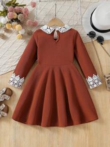 SHEIN Young Girl Contrast Lace Ruffle Collar Long Sleeve Cute Dress