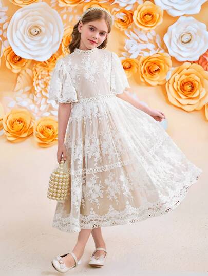 SHEIN Vestido elegante de princesa de manga abullonada ceñido a la cintura con volantes, encaje bordado y malla trenzada para niñas preadolescentes, para boda, fiesta, baile de graduación, vacaciones, primavera, Día de San Valentín, niña de las flores