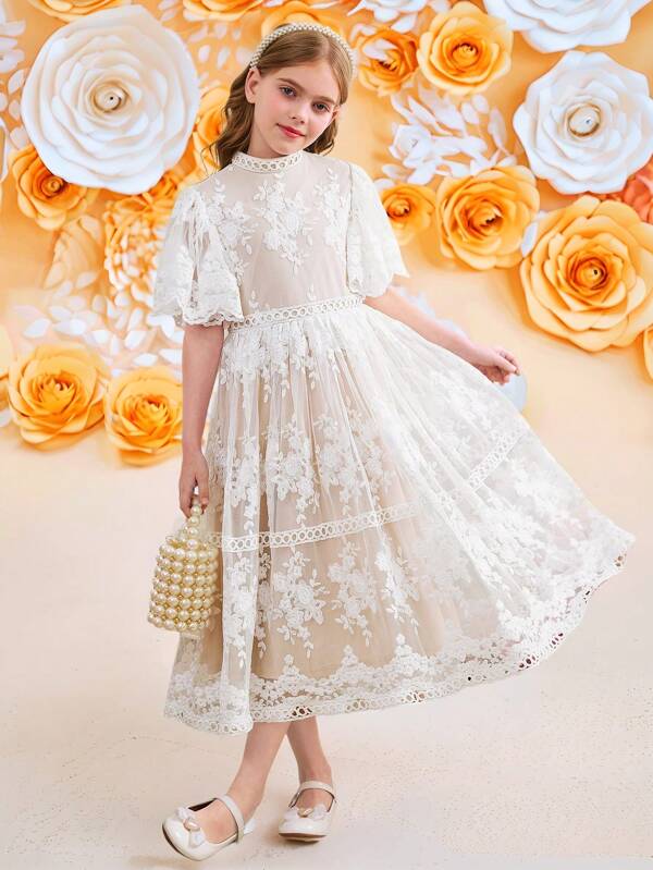 Loomaby Vestido elegante de princesa de manga abullonada ceñido a la cintura con volantes, encaje bordado y malla trenzada para niñas preadolescentes, para boda, fiesta, baile de graduación, vacaciones, primavera, Día de San Valentín, niña de las flores