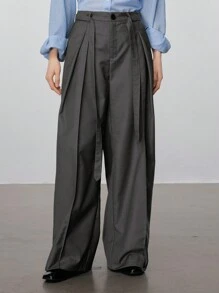 DAZY Women's Removable Tie Up Wide Leg Casual Straight Pants With Pleated Design Business Attire - Dark Grey - View 4