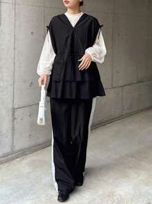 FRIFUL Women's Black Loose V-Neck Jacket With Waist Ruffle, Elegant, Spring - Black - View 2