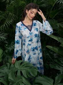 Al Najma Women's Elegant Floral Print Patchwork Loose Long Kaftan, Suitable For Parties,Modest - Multicolor - View 5