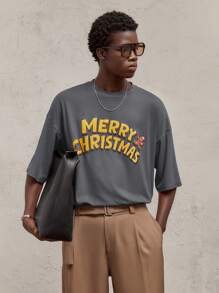AKNOTIC Party Men's Loose Fit Letter Print Round Neck Short Sleeve T-Shirt, Suitable For Summer
