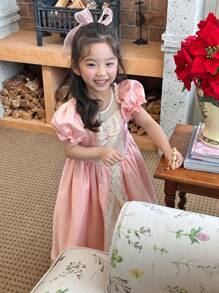 DAZY Ruched Short Puff Sleeve Elegant Dress - Pink - View 5