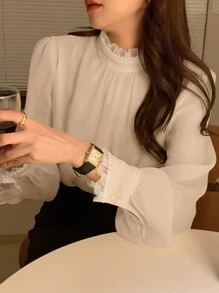 DAZY Women Faux Pearl Embellished Mock Neck Casual Blouse,Fall Clothes Long Sleeve Top