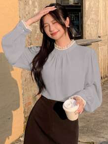 DAZY Women Faux Pearl Decor High Neck Plain Casual Blouse,Fall Clothes - Grey - View 3