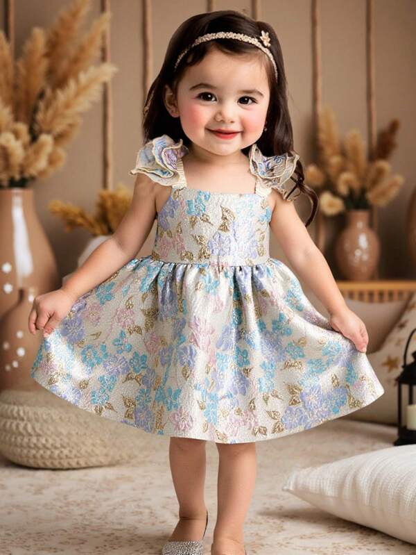 SHEIN Baby Girl Elegant Jacquard Satin Handmade 3D Floral Decor Strap Ruffles Flare Hem Formal Dress