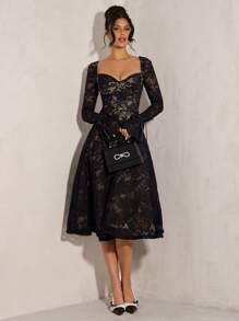 SHEIN BAE Kỳ nghỉ hè đầu xuân đen gợi cảm đơn giản thanh lịch dài tay tutu corset ren váy đơn giản cho nữ, váy ngày lễ tình nhân, váy dự tiệc, váy hẹn hò lãng mạn, váy phù dâu cưới, váy dạ hội, váy đi làm hàng ngày, váy sinh nhật, váy ngày lễ - màu đen - Xem 5