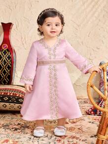 SHEIN Baby Girl Charming Satin Floral Print Long Sleeve Dress, Summer - Pink - View 5