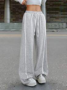 SHEIN EZwear Grey Knit Wide Leg Pants, Casual & Fashionable For Everyday Wear - Pink - View 4