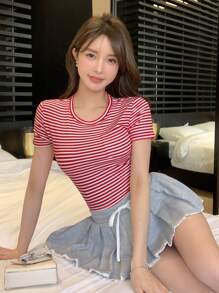 DAZY Women's Stripe Round Neck Short Sleeve Casual Versatile T-Shirt