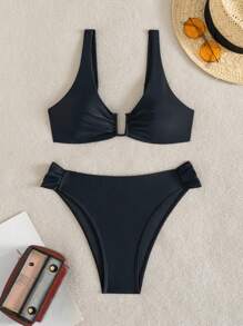 SHEIN Swim 女士两件套沙滩装，夏季新款 U 领带钢圈上衣和高腰比基尼泳裤 - 黑色 - 查看 3