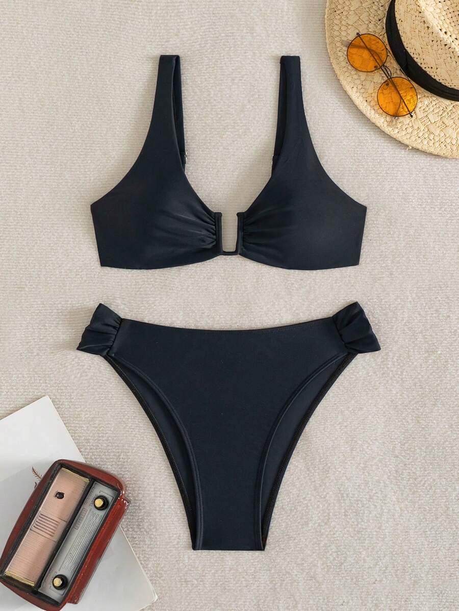 SHEIN Swim 女士两件套沙滩装,夏季新款 U 领带钢圈上衣和高腰比基尼泳裤 - 黑色 - 查看 1