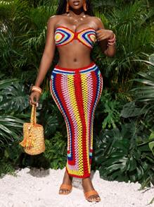 Slaydiva 2 件套女士度假性感圆领条纹短款上衣和裙子套装 - 彩色 - 查看 4